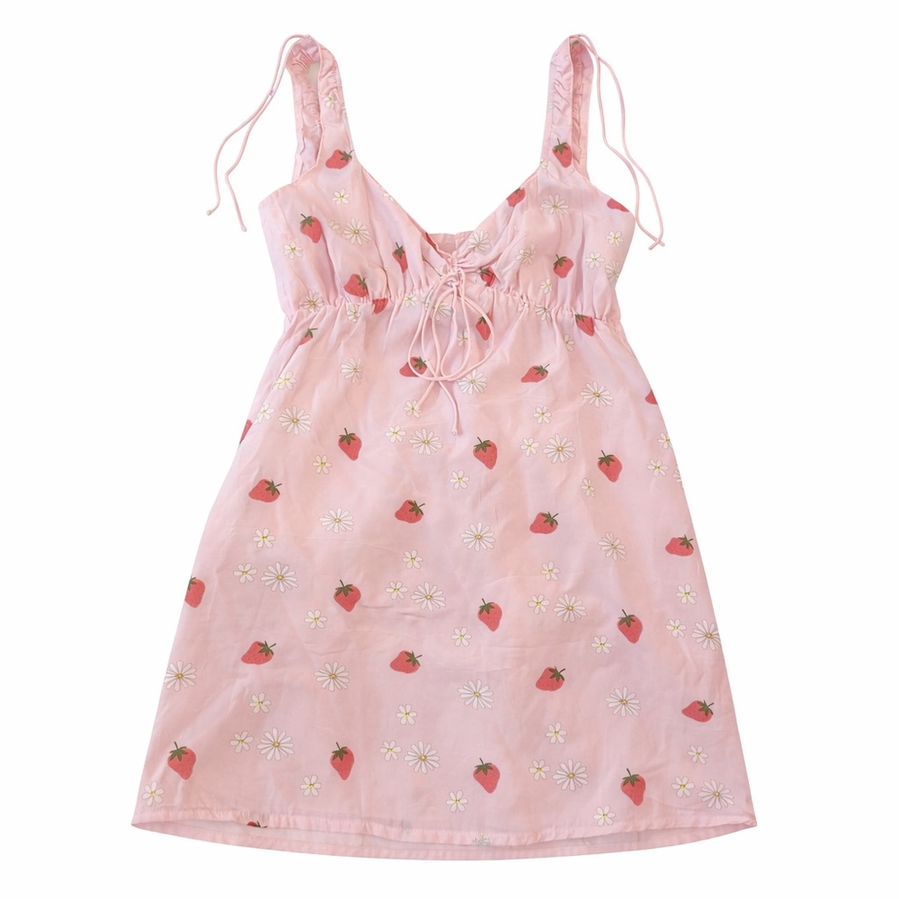 For Love And Lemons Pink Strawberry & Daisy Tie-Shoulder Mini Dress